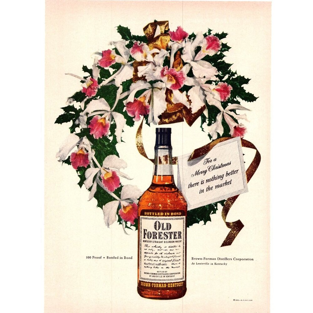 1949 Old Forester Bourbon Whiskey Vintage Print Ad Christmas Wreath 40s Wall Art